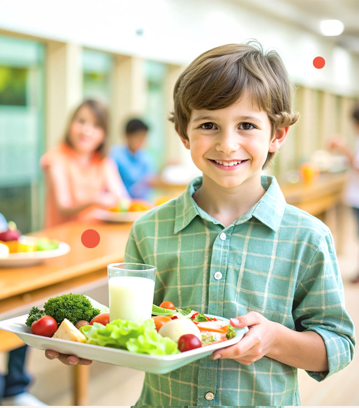 Chlapec drží tác se zdravým obědem